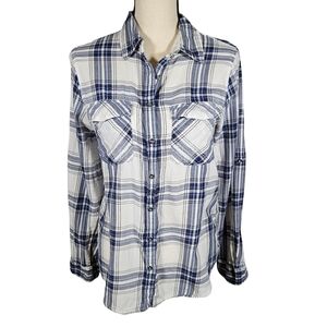 Girl Crazy Juniors Classic Long Sleeve Button Down, Blue/White Plaid,  Medium